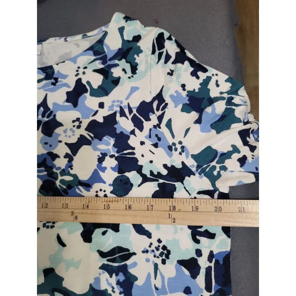 J Jill Women's LG Dress Floral Ruffle Short Sleeve Stretch Blue White Pockets - Picture 5 of 7